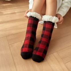 Chaussettes Chaudes Femme Antidérapantes Fourrées Carreaux