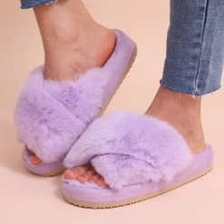 Chaussons Femme Claquettes Fourrure Croisée
