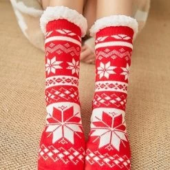Chaussettes De Noël Fourrées Rouge Flocon